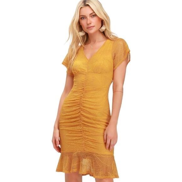 Lulus Harlou Mustard Yellow Lace Ruched Bodycon Dress Size Small - Picture 1 of 11